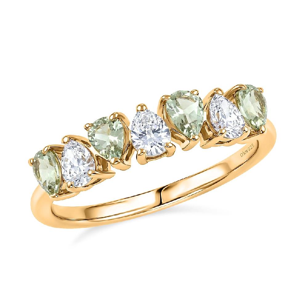D'Joy Premium Tanzanian Mint Garnet and Moissanite 1.10 ctw Pear Band Ring in 18K Vermeil Yellow Gold Over Sterling Silver
