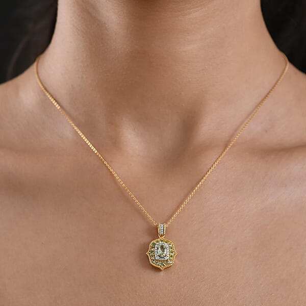 D'Joy Premium Tanzanian Mint Garnet And Moissanite 1.10 Ctw Garden Halo Pendant Necklace In 18K Vermeil Yellow Gold Over Sterling Silver 20 Inches