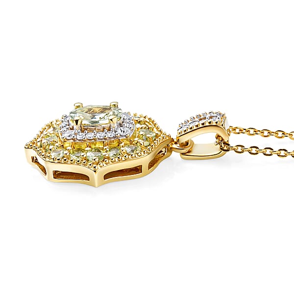 D'Joy Premium Tanzanian Mint Garnet And Moissanite 1.10 Ctw Garden Halo Pendant Necklace In 18K Vermeil Yellow Gold Over Sterling Silver 20 Inches