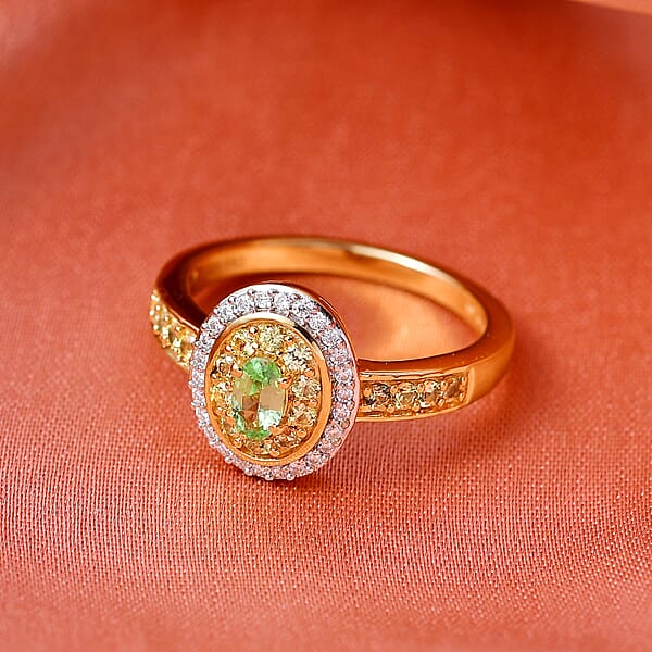 D'Joy Premium Tanzanian Mint Garnet And Multi Gemstone 0.75 Ctw Celebration Halo Ring In 18K Vermeil Yellow Gold Over Sterling Silver