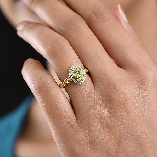 D'Joy Premium Tanzanian Mint Garnet And Multi Gemstone 0.75 Ctw Celebration Halo Ring In 18K Vermeil Yellow Gold Over Sterling Silver