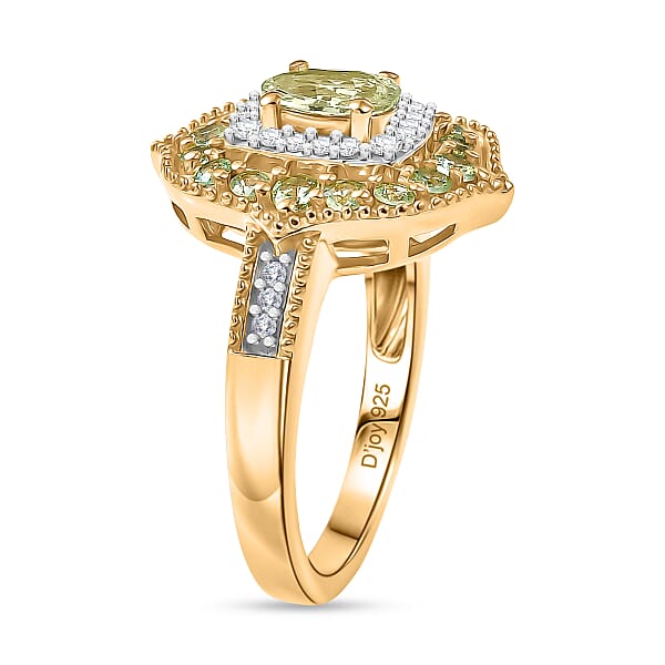 D'Joy Premium Tanzanian Mint Garnet And Multi Gemstone 1.10 Ctw Garden Halo Ring In 18K Vermeil Yellow Gold Over Sterling Silver