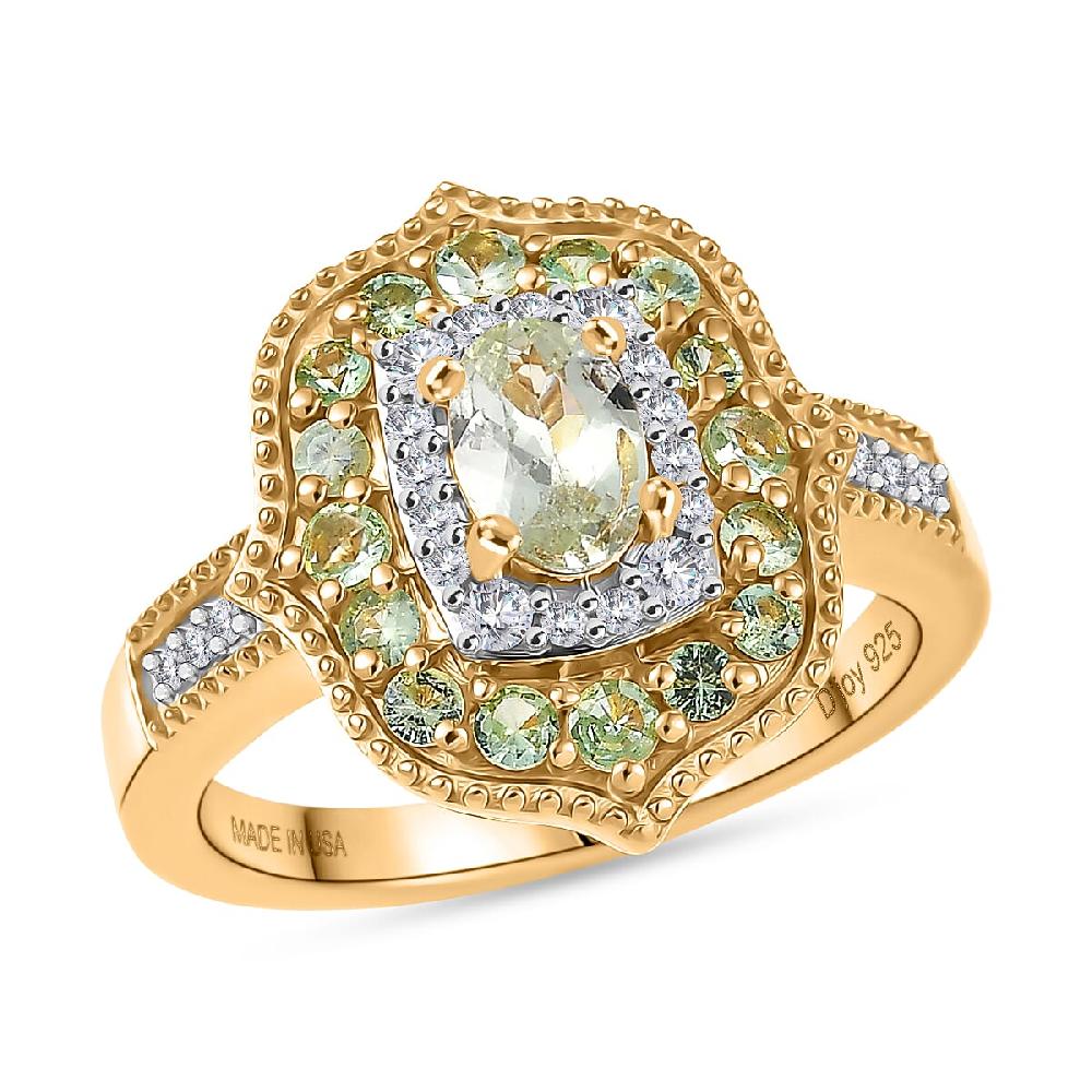 D'Joy Premium Tanzanian Mint Garnet and Multi Gemstone 1.10 ctw Garden Halo Ring in 18K Vermeil Yellow Gold Over Sterling Silver