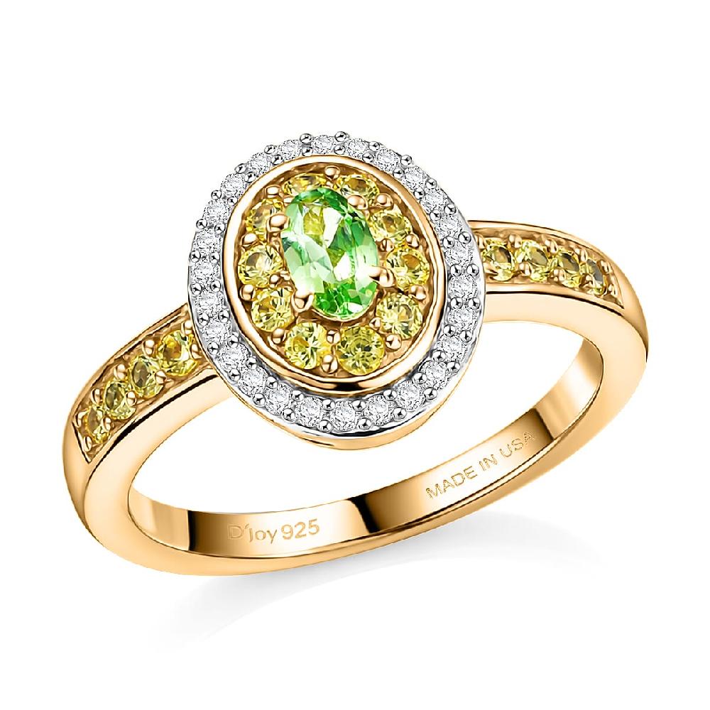D'Joy Premium Tanzanian Mint Garnet and Multi Gemstone 0.75 ctw Celebration Halo Ring in 18K Vermeil Yellow Gold Over Sterling Silver