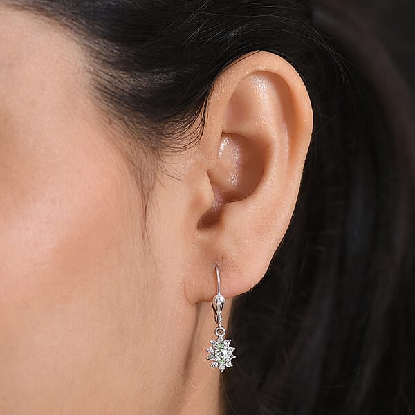 D'Joy Premium Tanzanian Mint Garnet And White Zircon 0.90 Ctw Oval Sunburst Halo Earrings In Rhodium Over Sterling Silver