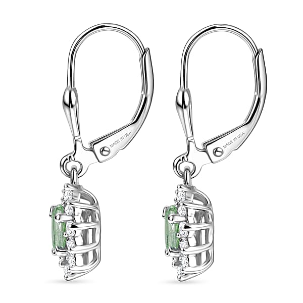 D'Joy Premium Tanzanian Mint Garnet And White Zircon 0.90 Ctw Oval Sunburst Halo Earrings In Rhodium Over Sterling Silver