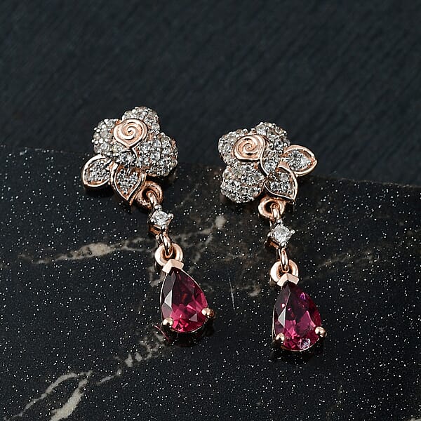 D'Joy Premium Tanzanian Wine Garnet And White Zircon 1.40 Ctw Floral Drop Earrings In 18K Vermeil Rose Gold Over Sterling Silver