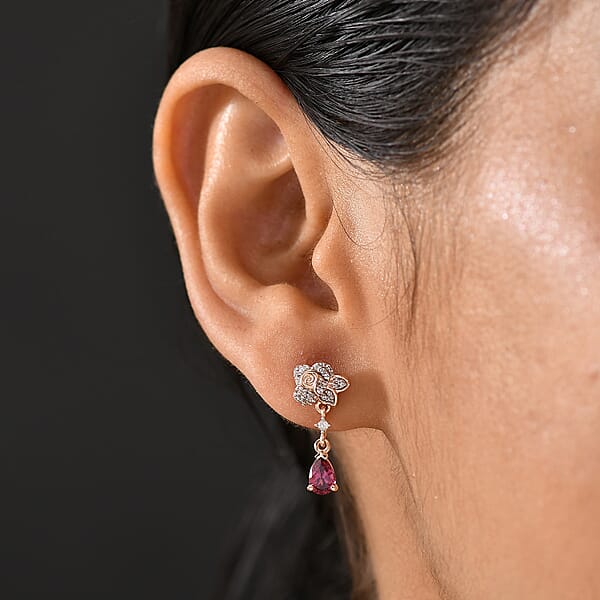 D'Joy Premium Tanzanian Wine Garnet And White Zircon 1.40 Ctw Floral Drop Earrings In 18K Vermeil Rose Gold Over Sterling Silver