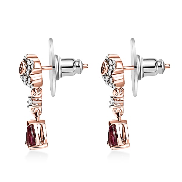 D'Joy Premium Tanzanian Wine Garnet And White Zircon 1.40 Ctw Floral Drop Earrings In 18K Vermeil Rose Gold Over Sterling Silver