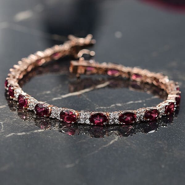 D'Joy Premium Tanzanian Wine Garnet And White Zircon 13.00 Ctw Eternal Flame Bracelet In 18K Vermeil Rose Gold Over Sterling Silver (7.25 In)