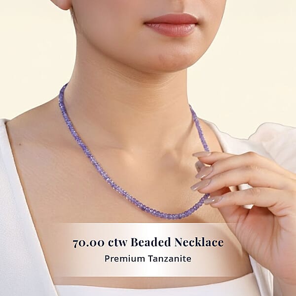 D'Joy Premium Tanzanite 70.00 Ctw Beaded Necklace In 18K Vermeil Yellow Gold Over Sterling Silver 18-20 Inches