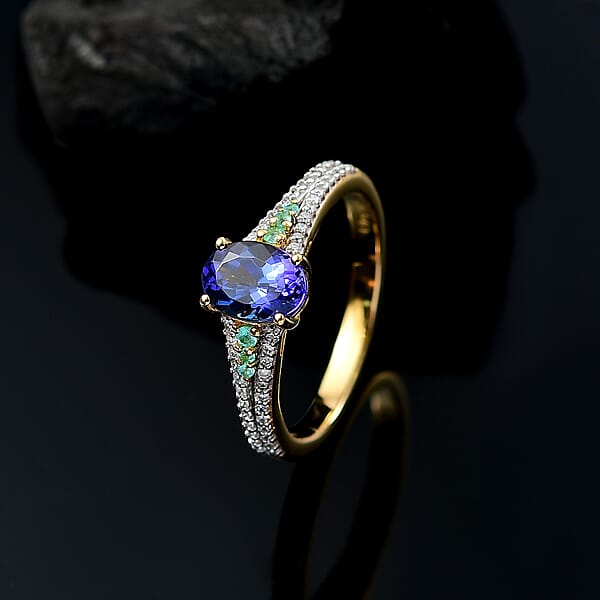 D'Joy Premium Tanzanite AAA Paraiba Tourmaline And Diamond 1.30 Ctw Ring In 18K Vermeil Yellow Gold Over Sterling Silver