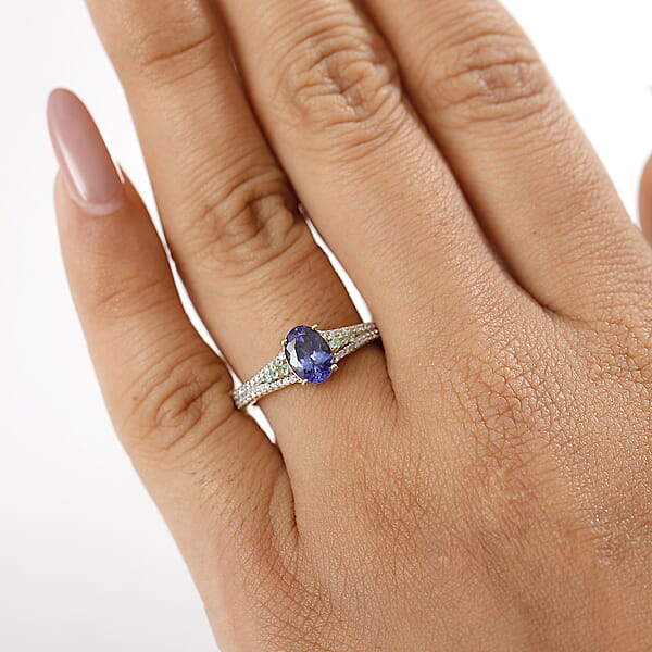 D'Joy Premium Tanzanite AAA Paraiba Tourmaline And Diamond 1.30 Ctw Ring In 18K Vermeil Yellow Gold Over Sterling Silver
