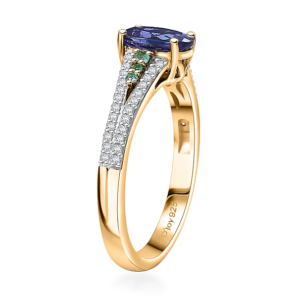 D'Joy Premium Tanzanite AAA Paraiba Tourmaline And Diamond 1.30 Ctw Ring In 18K Vermeil Yellow Gold Over Sterling Silver