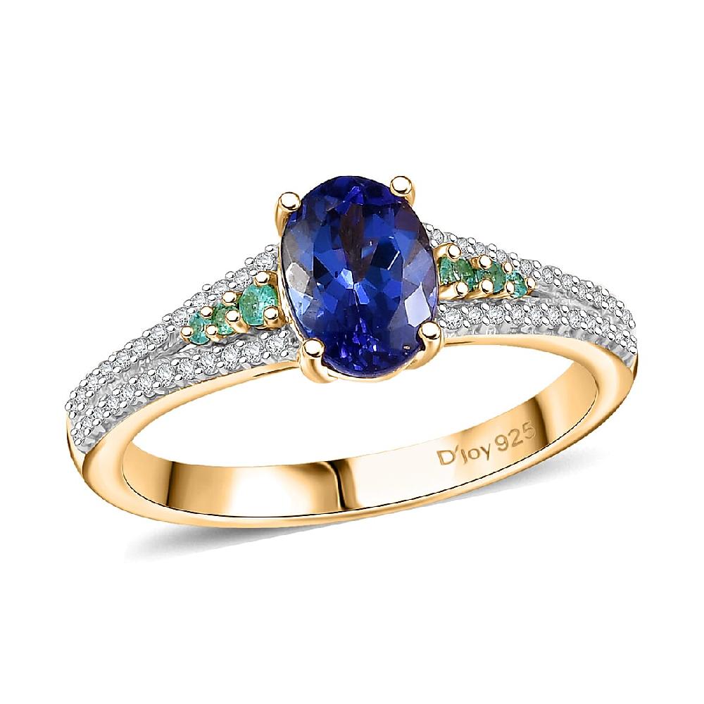 D'Joy Premium Tanzanite AAA Paraiba Tourmaline and Diamond 1.30 ctw Ring in 18K Vermeil Yellow Gold Over Sterling Silver