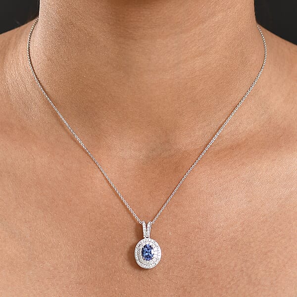 D'Joy Premium Tanzanite And Moissanite 1.35 Ctw Celestial Halo Pendant Necklace In Rhodium Over Sterling Silver 20 Inches