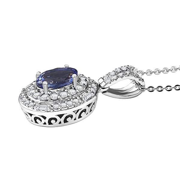 D'Joy Premium Tanzanite And Moissanite 1.35 Ctw Celestial Halo Pendant Necklace In Rhodium Over Sterling Silver 20 Inches
