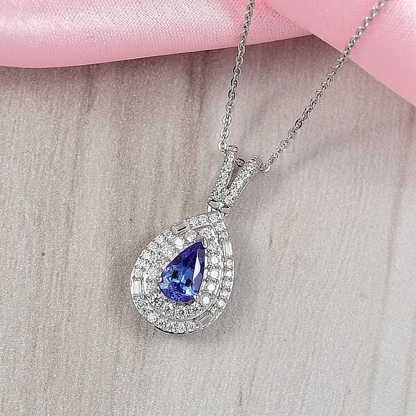 D'Joy Premium Tanzanite And Moissanite 1.50 Ctw Celestial Halo Pendant Necklace In Rhodium Over Sterling Silver 20 Inches