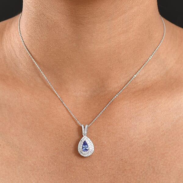 D'Joy Premium Tanzanite And Moissanite 1.50 Ctw Celestial Halo Pendant Necklace In Rhodium Over Sterling Silver 20 Inches