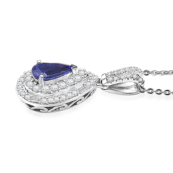 D'Joy Premium Tanzanite And Moissanite 1.50 Ctw Celestial Halo Pendant Necklace In Rhodium Over Sterling Silver 20 Inches