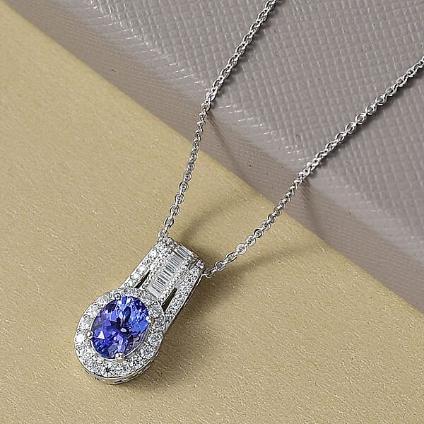 D'Joy Premium Tanzanite And Moissanite 1.50 Ctw Pendant Necklace In Rhodium Over Sterling Silver 20 Inches