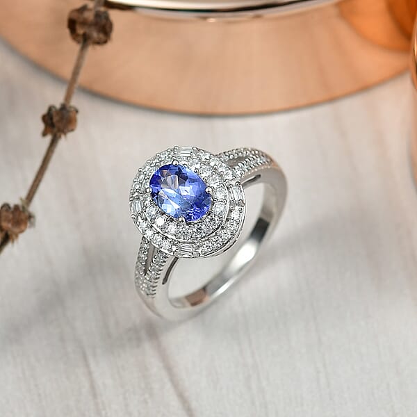 D'Joy Premium Tanzanite And Moissanite 1.60 Ctw Celestial Halo Ring In Rhodium Over Sterling Silver