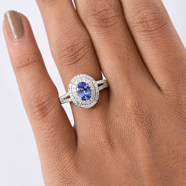 D'Joy Premium Tanzanite And Moissanite 1.60 Ctw Celestial Halo Ring In Rhodium Over Sterling Silver