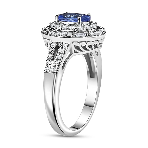 D'Joy Premium Tanzanite And Moissanite 1.60 Ctw Celestial Halo Ring In Rhodium Over Sterling Silver