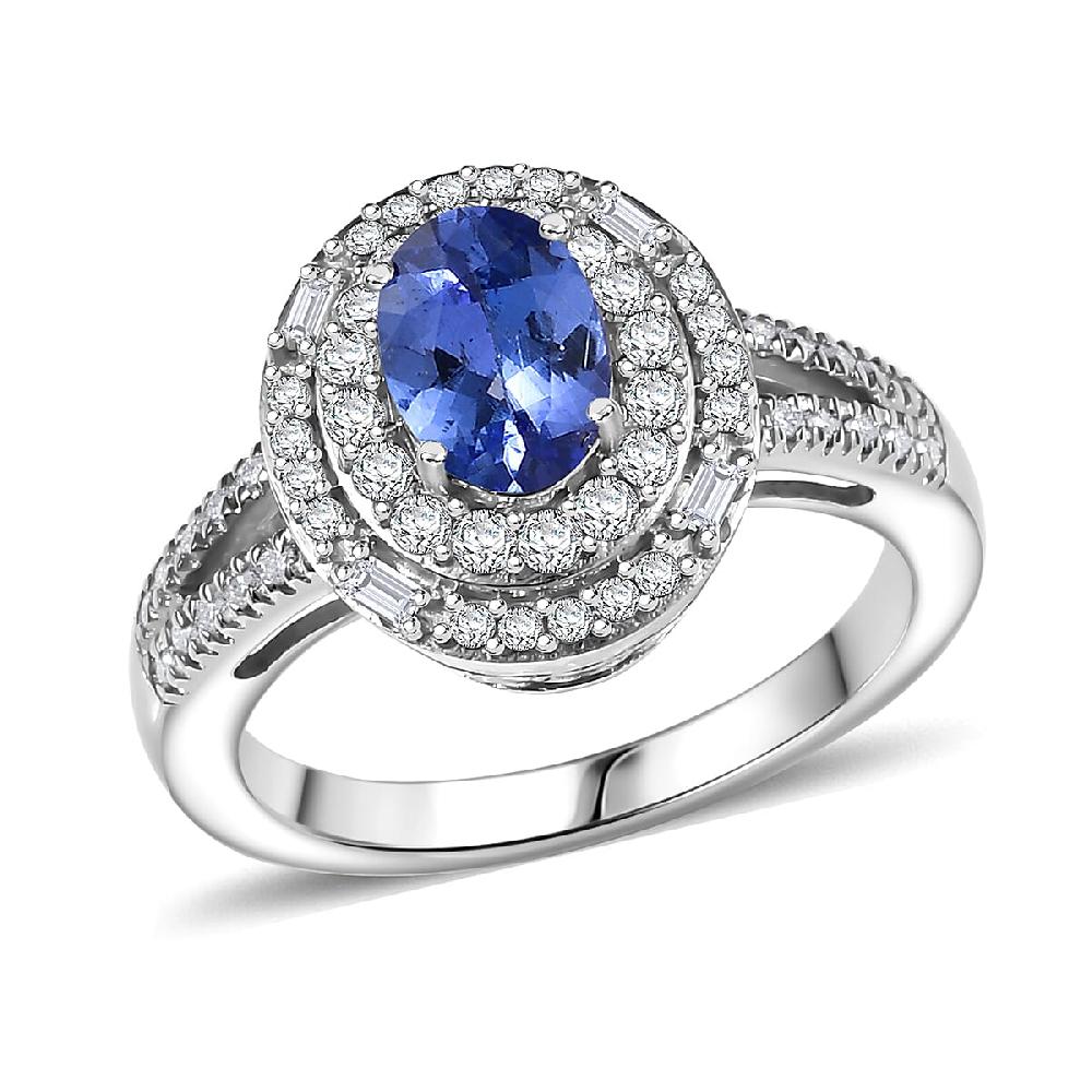 D'Joy Premium Tanzanite and Moissanite 1.60 ctw Celestial Halo Ring in Rhodium Over Sterling Silver