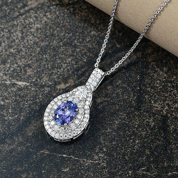 D'Joy Premium Tanzanite And Moissanite 1.70 Ctw Art Deco Pendant Necklace In Rhodium Over Sterling Silver 20 Inches