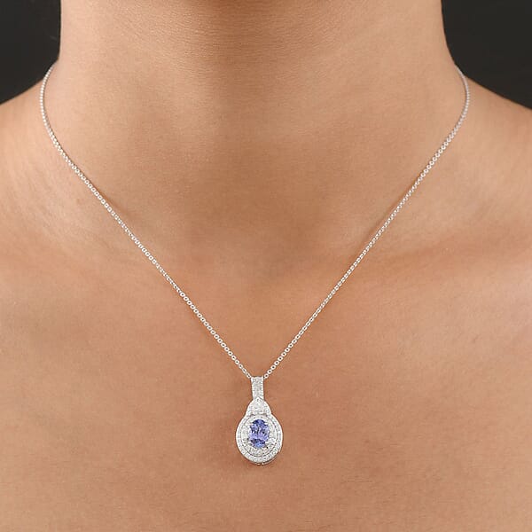 D'Joy Premium Tanzanite And Moissanite 1.70 Ctw Art Deco Pendant Necklace In Rhodium Over Sterling Silver 20 Inches