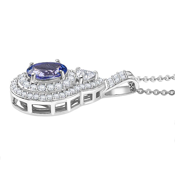 D'Joy Premium Tanzanite And Moissanite 1.70 Ctw Art Deco Pendant Necklace In Rhodium Over Sterling Silver 20 Inches