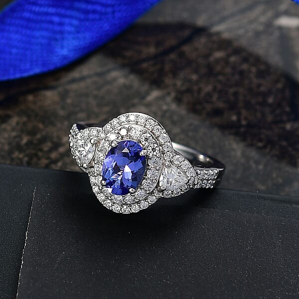 D'Joy Premium Tanzanite And Moissanite 2.00 Ctw Art Deco Ring In Rhodium Over Sterling Silver