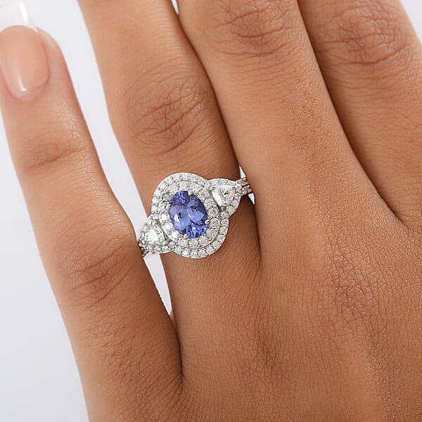 D'Joy Premium Tanzanite And Moissanite 2.00 Ctw Art Deco Ring In Rhodium Over Sterling Silver