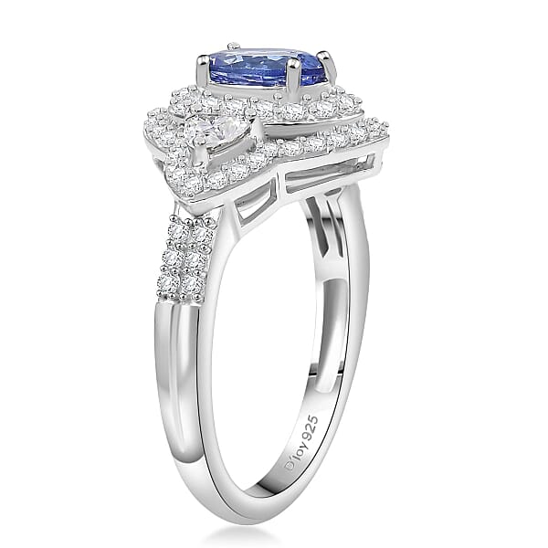 D'Joy Premium Tanzanite And Moissanite 2.00 Ctw Art Deco Ring In Rhodium Over Sterling Silver