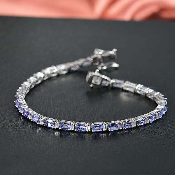 D'Joy Premium Tanzanite And Moissanite 7.90 Ctw Floral Vine Bracelet In Rhodium Over Sterling Silver (7.25 In)