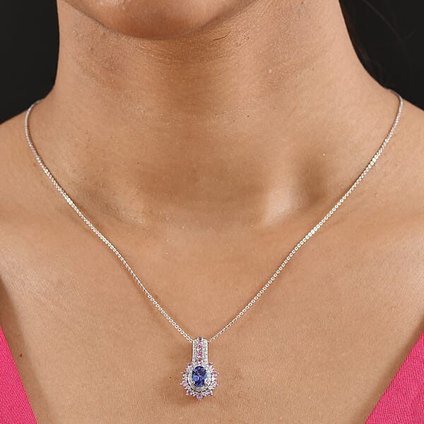 D'Joy Premium Tanzanite And Multi Gemstone 1.60 Ctw Sunburst Pendant Necklace In Rhodium Over Sterling Silver 20 Inches