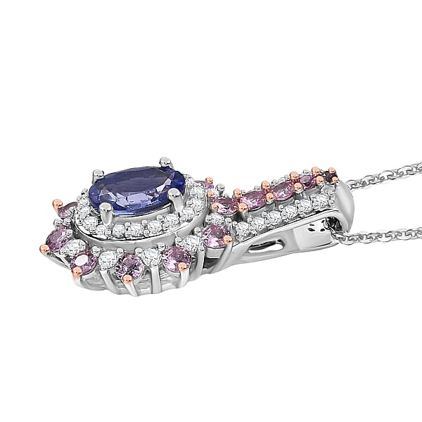 D'Joy Premium Tanzanite And Multi Gemstone 1.60 Ctw Sunburst Pendant Necklace In Rhodium Over Sterling Silver 20 Inches