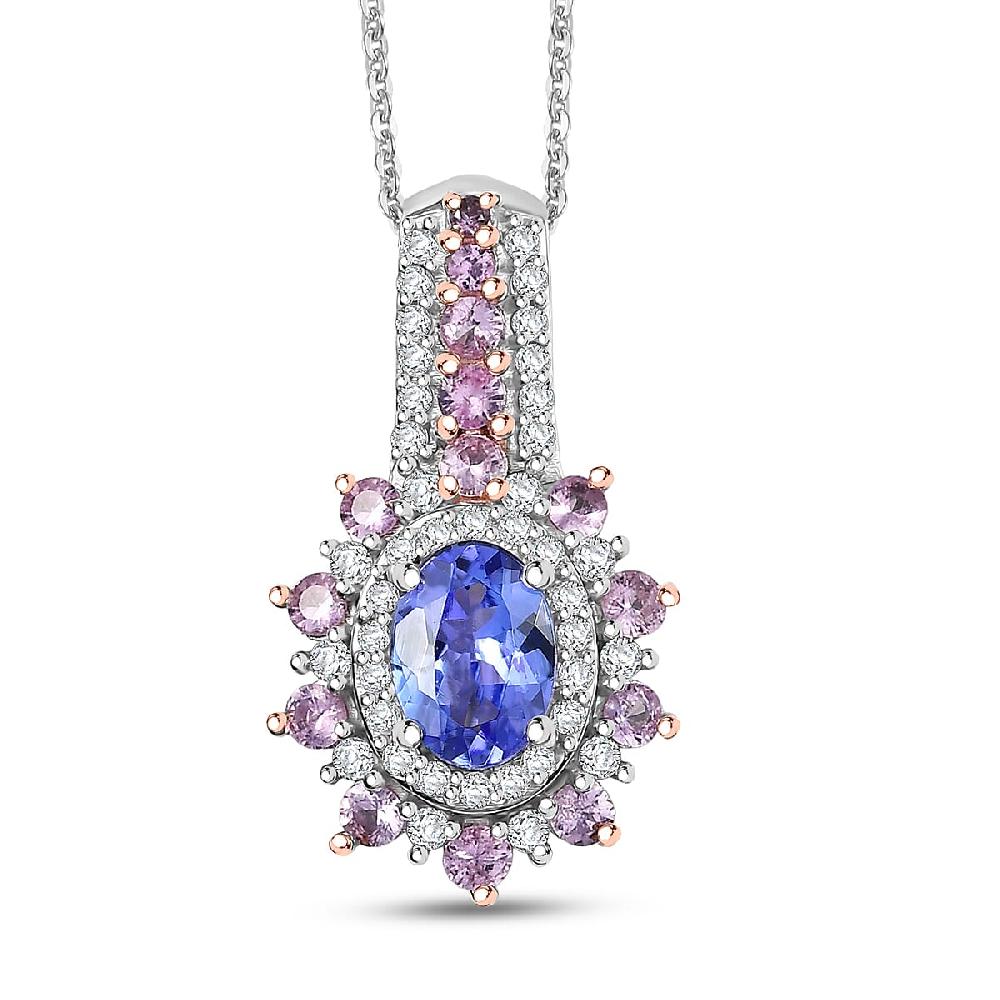 D'Joy Premium Tanzanite and Multi Gemstone 1.60 ctw Sunburst Pendant Necklace in Rhodium Over Sterling Silver 20 Inches
