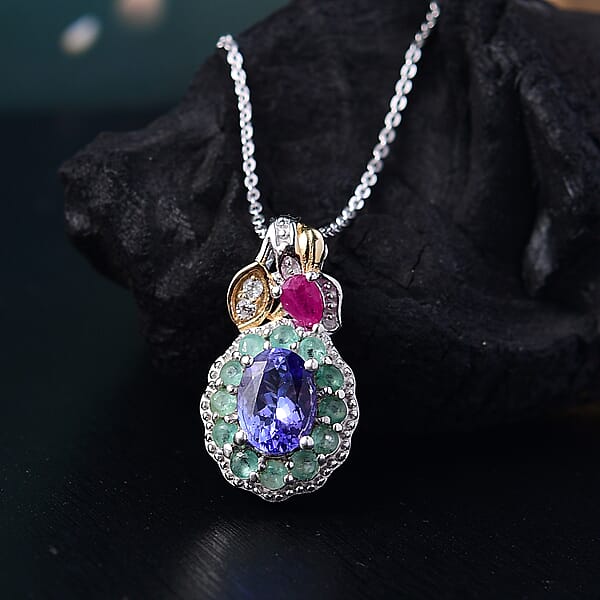 D'Joy Premium Tanzanite And Multi Gemstone 2.00 Ctw Floral Pendant Necklace 20 Inches In 18K Vermeil YG And Rhodium Over Sterling Silver
