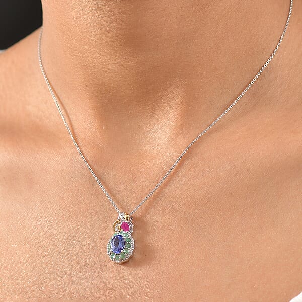 D'Joy Premium Tanzanite And Multi Gemstone 2.00 Ctw Floral Pendant Necklace 20 Inches In 18K Vermeil YG And Rhodium Over Sterling Silver