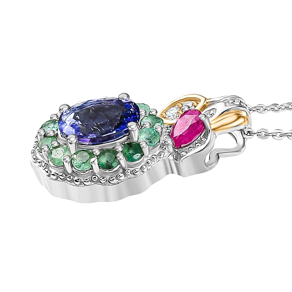 D'Joy Premium Tanzanite And Multi Gemstone 2.00 Ctw Floral Pendant Necklace 20 Inches In 18K Vermeil YG And Rhodium Over Sterling Silver