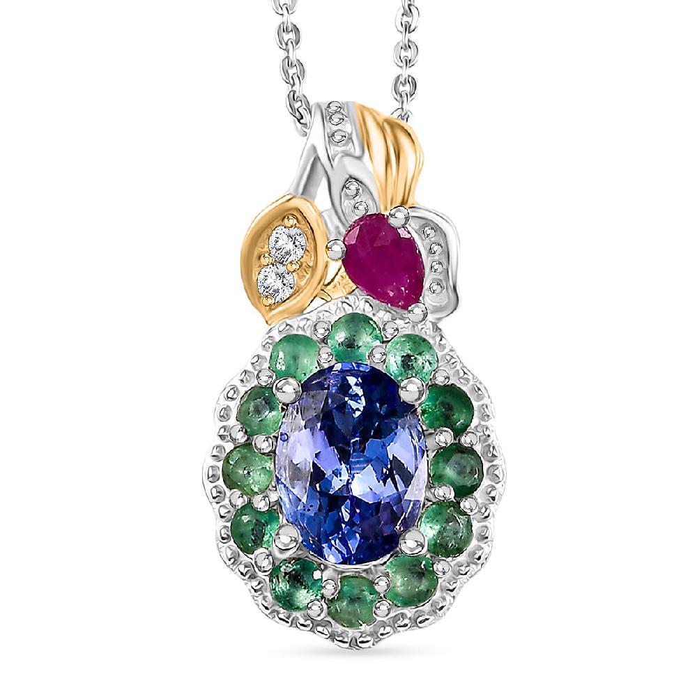 D'Joy Premium Tanzanite and Multi Gemstone 2.00 ctw Floral Pendant Necklace 20 Inches in 18K Vermeil YG and Rhodium Over Sterling Silver
