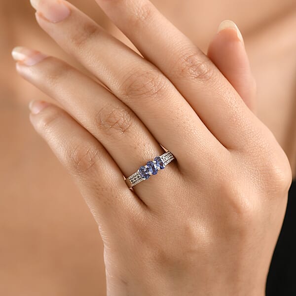 D'Joy Premium Tanzanite And White Zircon 0.90 Ctw Ring In Platinum Over Sterling Silver