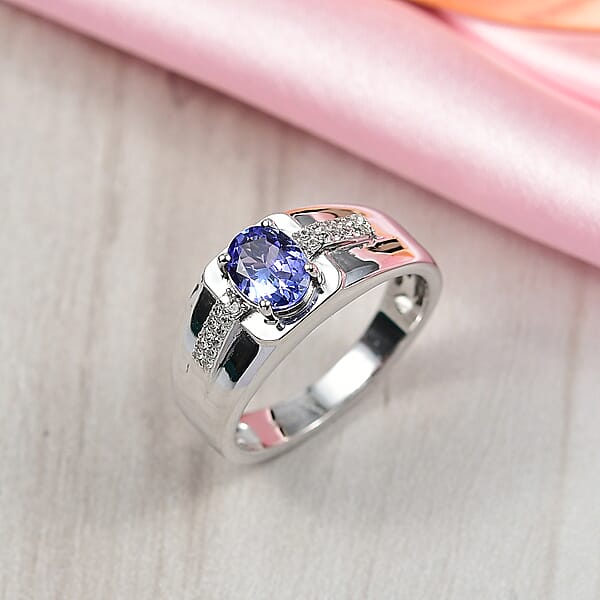 D'Joy Premium Tanzanite And White Zircon 1.20 Ctw Art Deco Men's Ring In Rhodium Over Sterling Silver