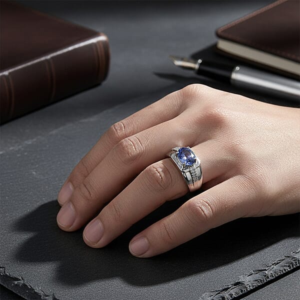 D'Joy Premium Tanzanite And White Zircon 1.20 Ctw Art Deco Men's Ring In Rhodium Over Sterling Silver