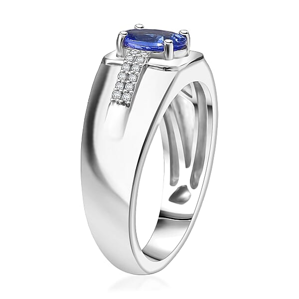 D'Joy Premium Tanzanite And White Zircon 1.20 Ctw Art Deco Men's Ring In Rhodium Over Sterling Silver