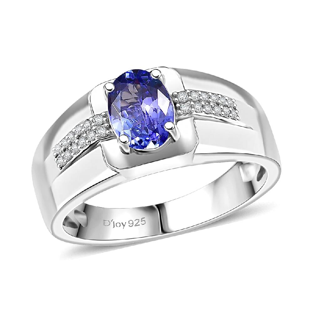 D'Joy Premium Tanzanite and White Zircon 1.20 ctw Art Deco Men's Ring in Rhodium Over Sterling Silver
