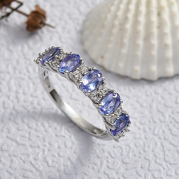 D'Joy Premium Tanzanite And White Zircon 1.60 Ctw Blue Promise Ring In Rhodium Over Sterling Silver