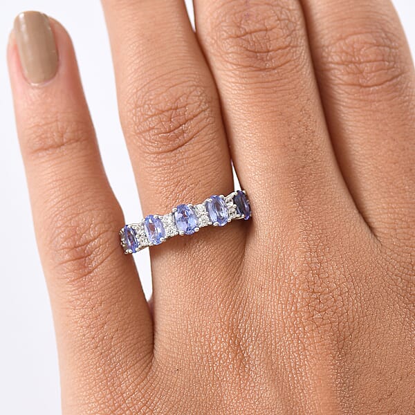 D'Joy Premium Tanzanite And White Zircon 1.60 Ctw Blue Promise Ring In Rhodium Over Sterling Silver